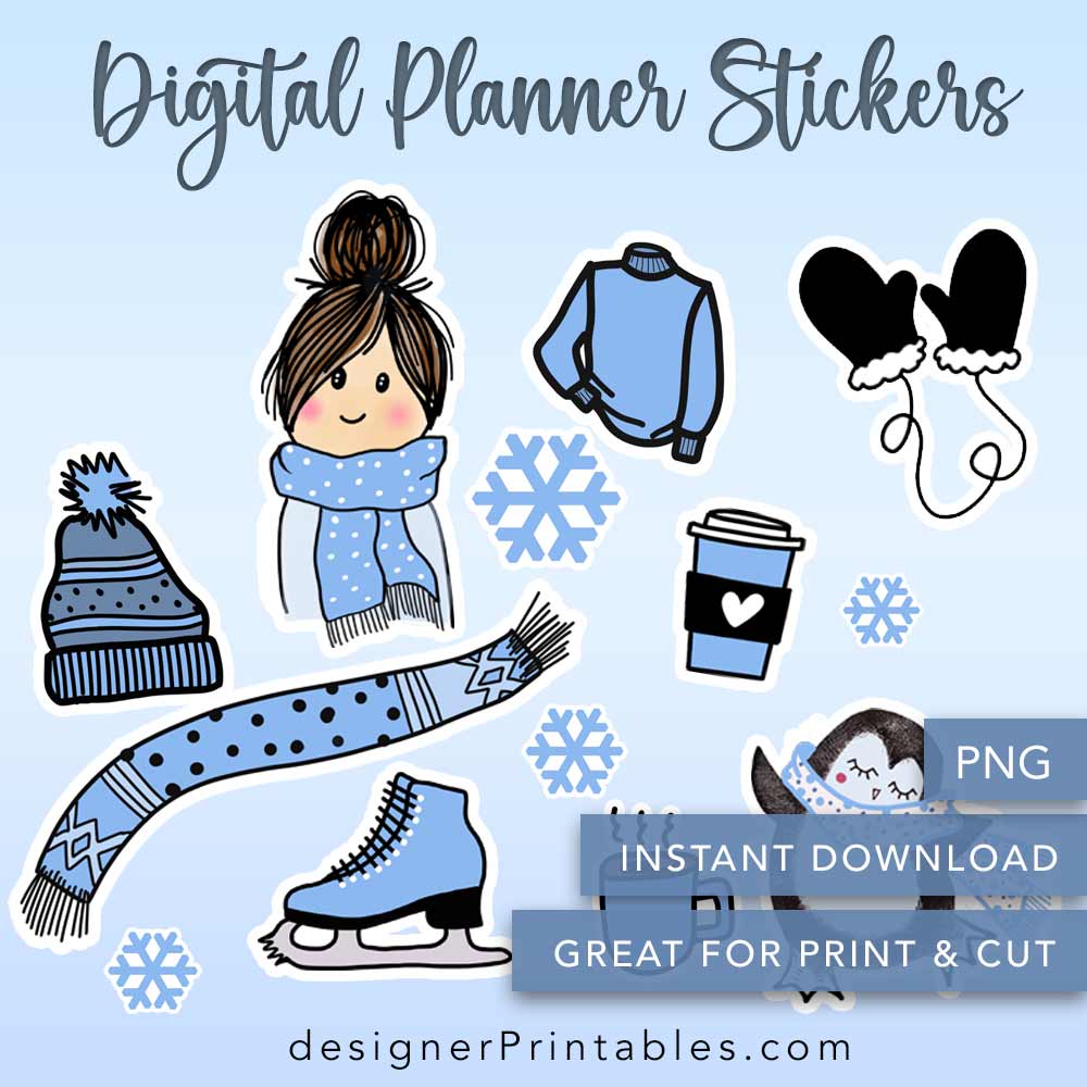 digital planner stickers, png clipart winter collection, free planner stickers, free winter stickers, free winter clipart, handdrawn winter doodles
