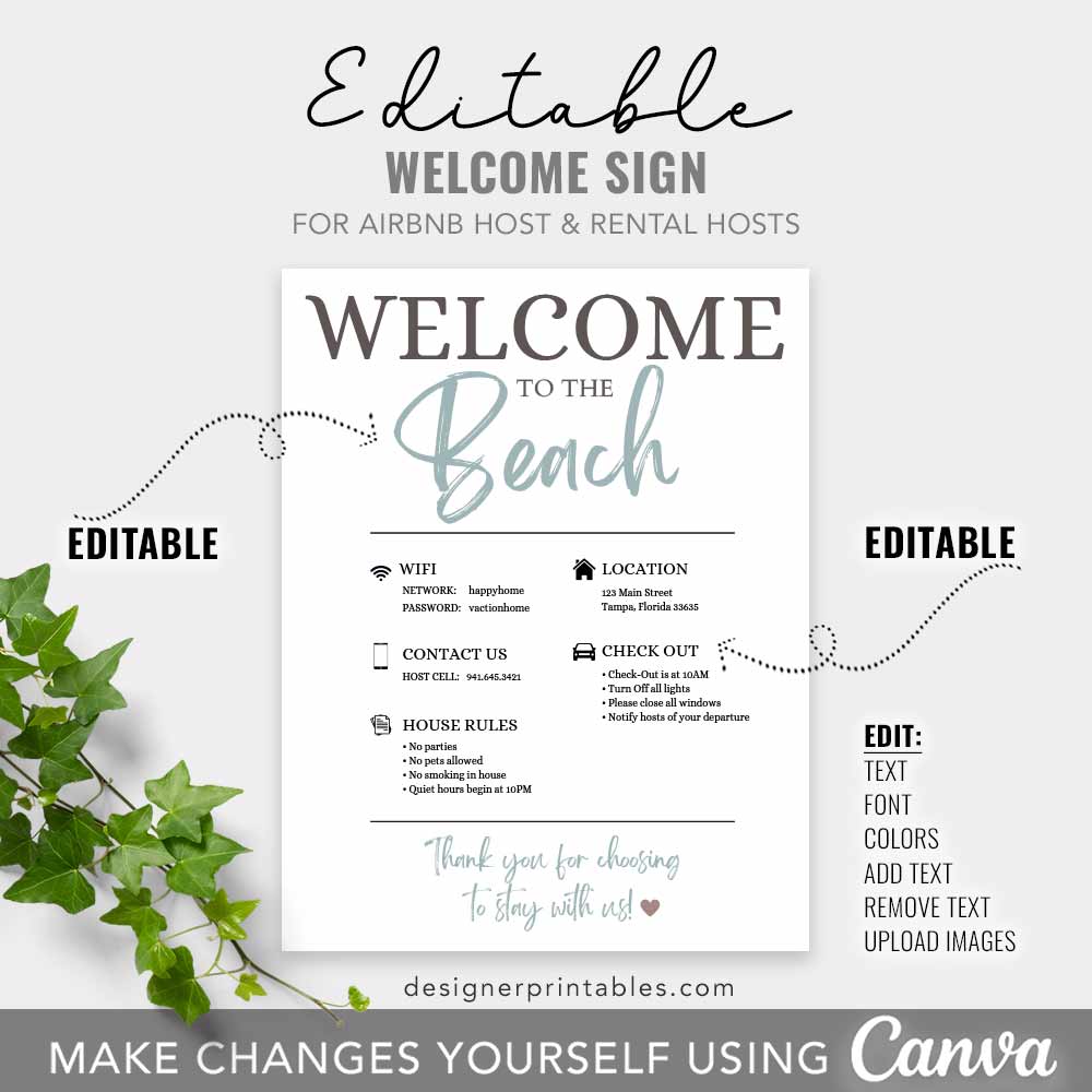 Welcome Sign for Airbnb Hosts, Vacation Rental Printable, Guest Arrival Poster, Template for VRBO, Things to Know, Beach House Rules, Wifi