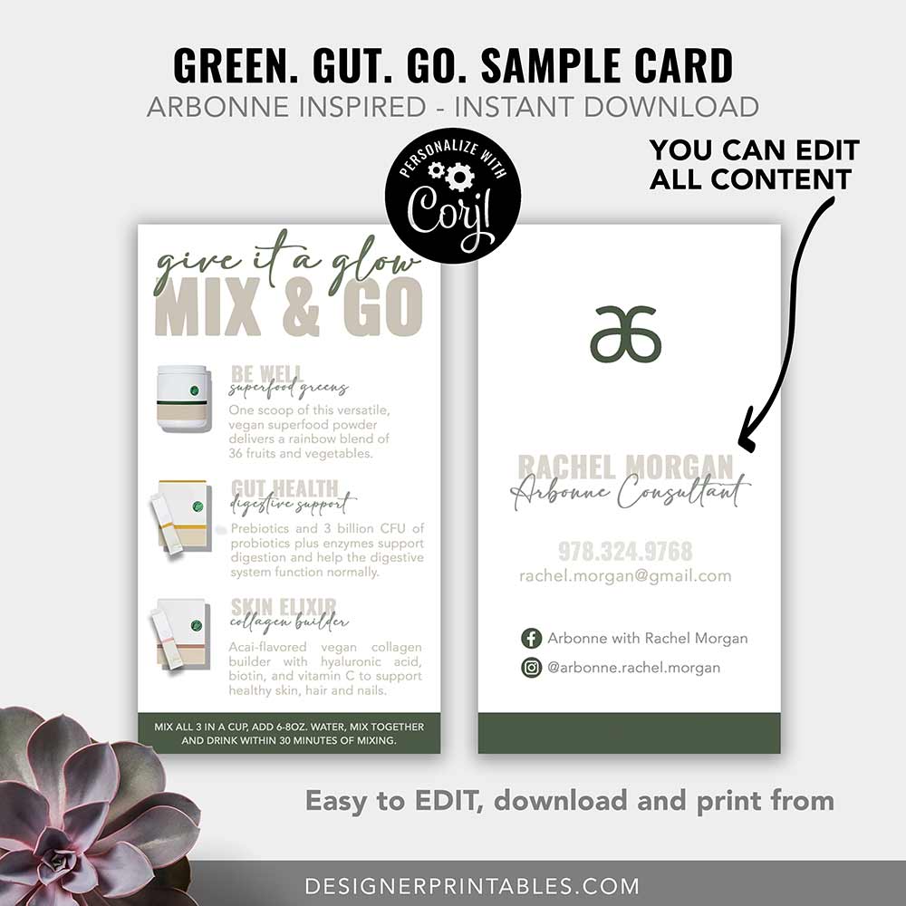 green gut glow sample card, Arbonne Green Synergy Elixir Sample Card, GreenSynergy Elixir, Info Card for Arbonne Consultants Digital Download, Print at Home, DIY