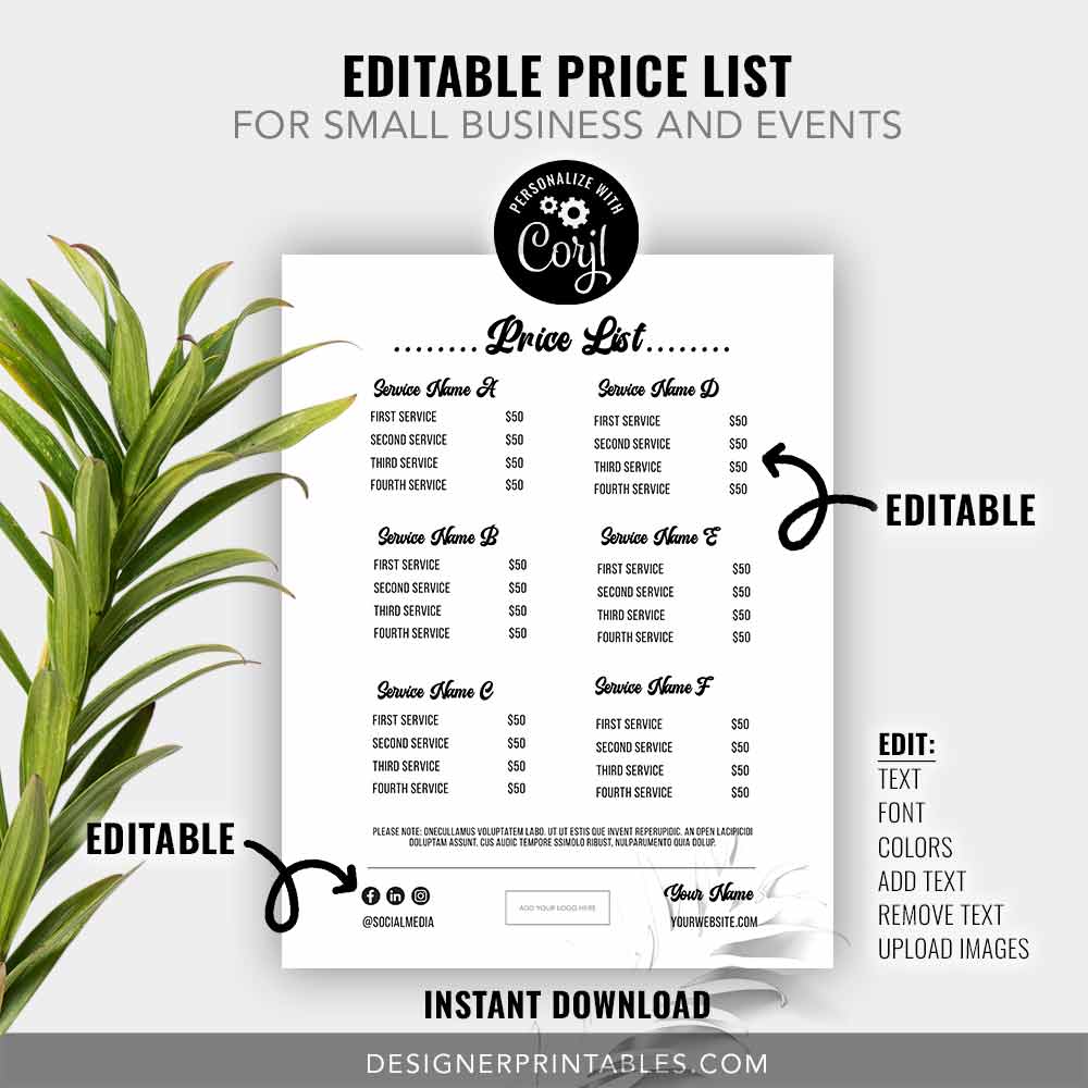 make your own price list, small business price list, editable templates for small business, editable price list, price list for salon, price list for event, price list for make up artist, price list for photographer, price list