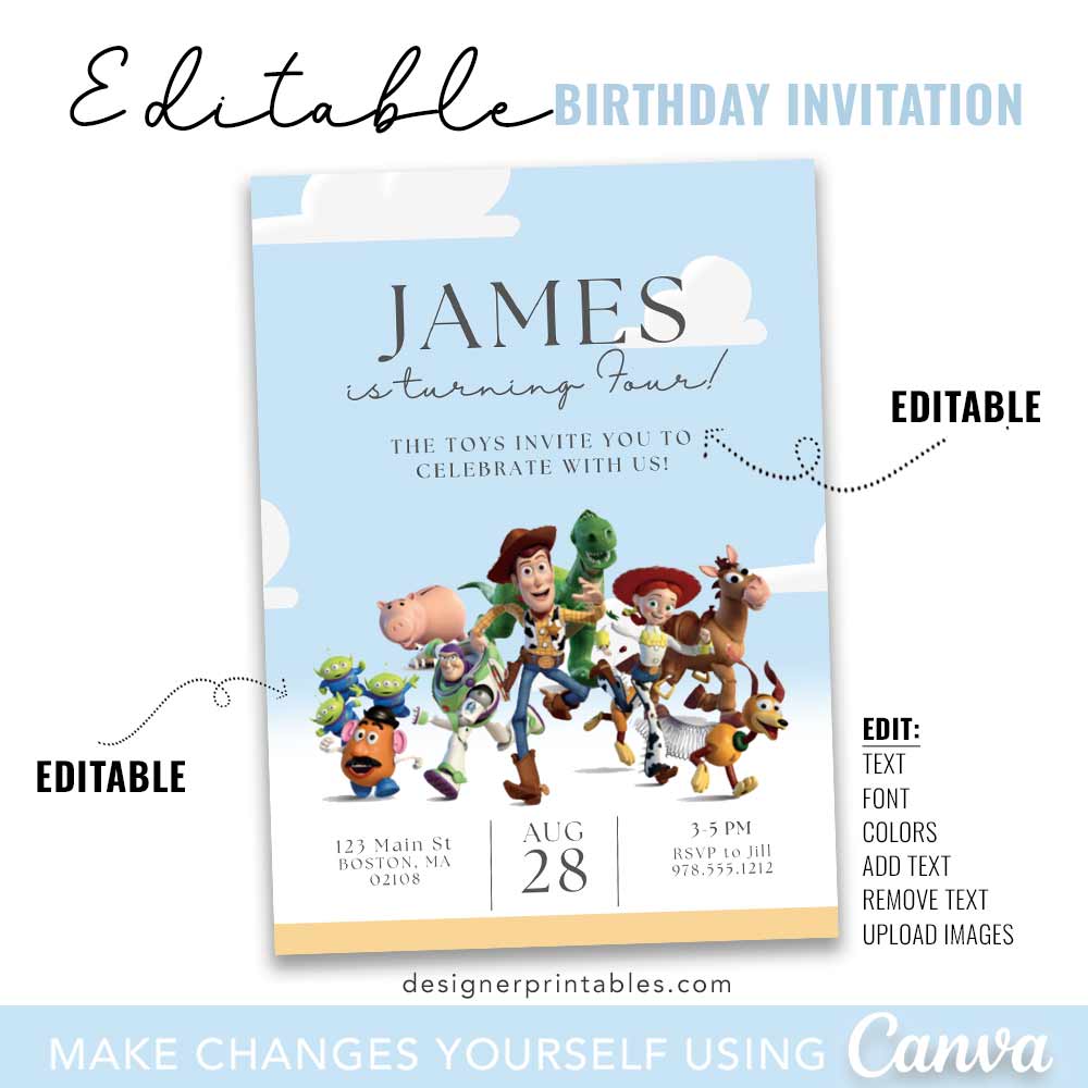 Editable toy story, Birthday Invitation, toy story Party Template Download, editable kids invitation, do it yourself invitation, canva template invitation, toy story canva, kids party ideas, kids party theme 2024, buzz lightyear invitation, woody invitation