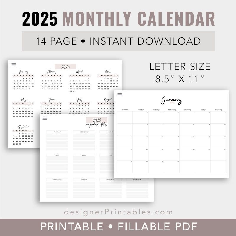 2025 monthly calendar printable, 2025 digital planner calender goodnotes