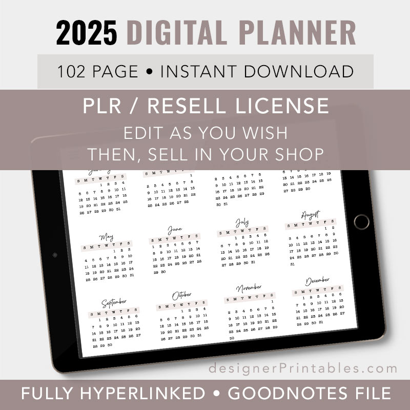 2025 monthly calendar printable, 2025 digital planner calender goodnotes, plr digital planner, private label rights digital planner, resell license digital planner