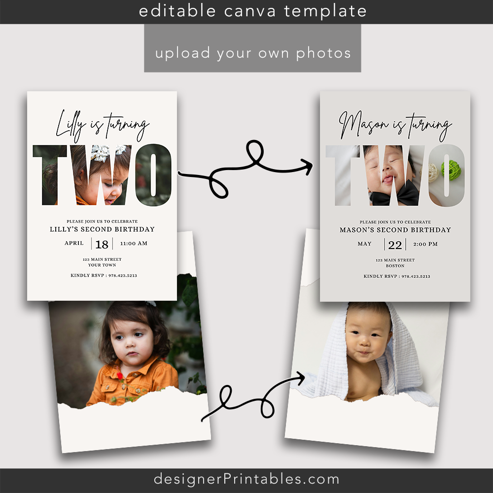 Two Parts Invitation Editable Birthday Invitation - TWO Year - 2nd birthday - Editable Canva ...