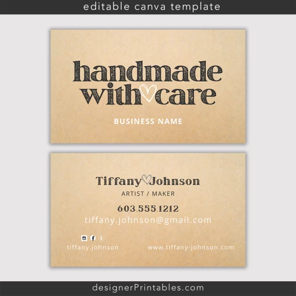 Business Card Canva Template | Handmade with Care | Rustic Kraft