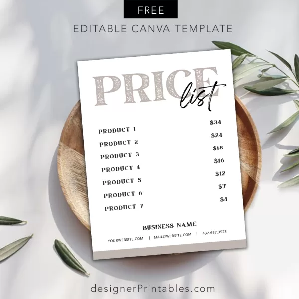 Free Price List – Editable Canva Template