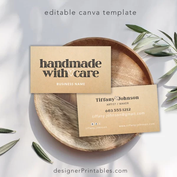 Business Card Canva Template | Handmade with Care | Rustic Kraft