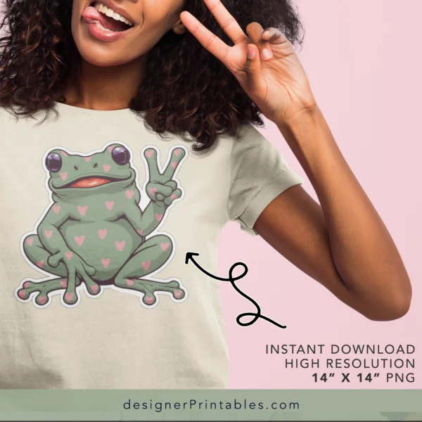 Peace Sign Frog Sublimation PNG – Cute Pink Heart Pattern
