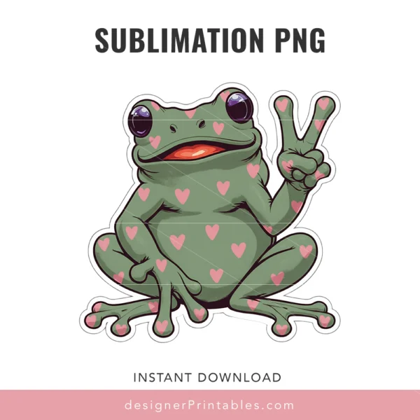 Peace Sign Frog Sublimation PNG – Cute Pink Heart Pattern